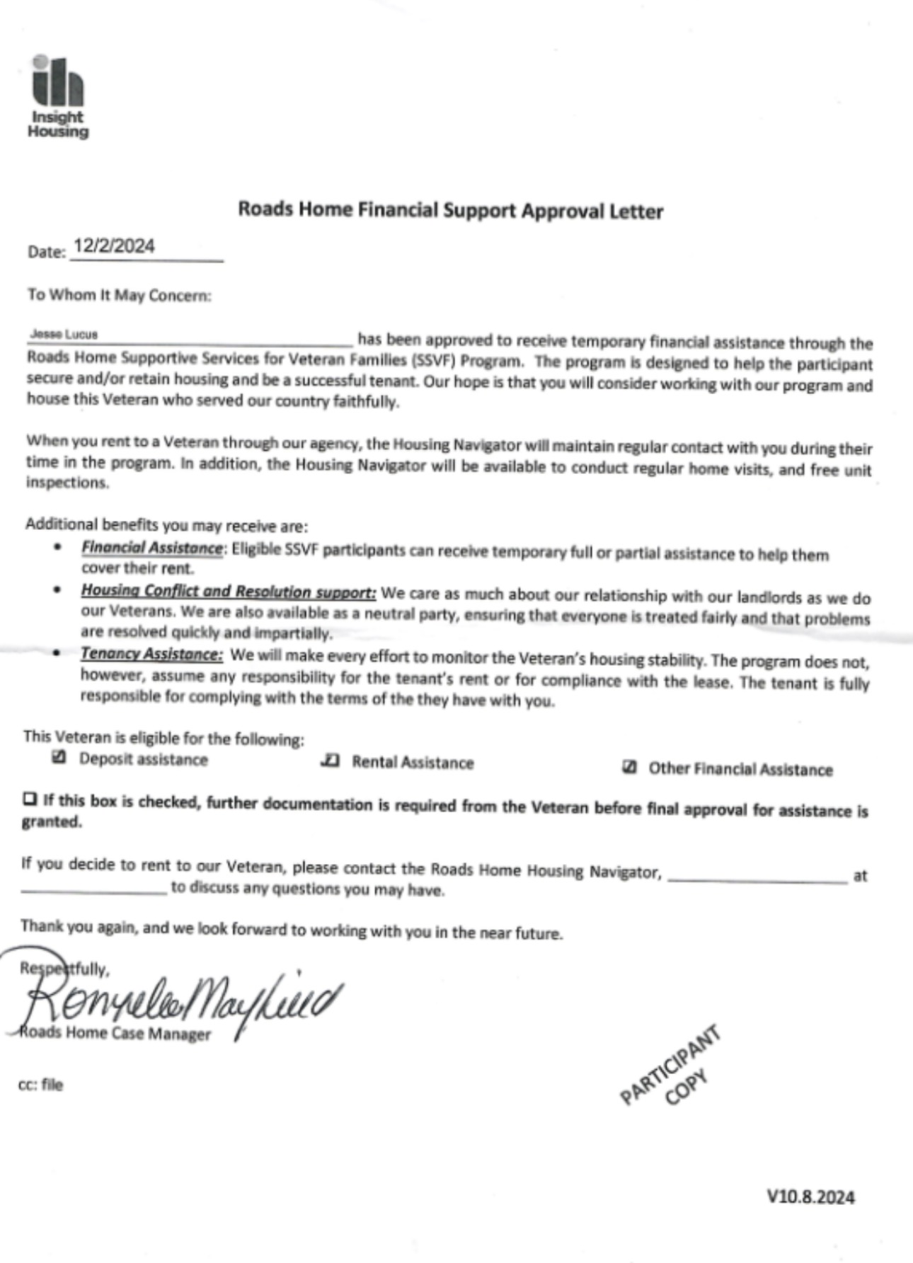 Insight Housing Roads Home Financial Support Approval Letter dated 12/2/2024, signed by Roynelle Mayfield, approving Jesse Lucus for SSVF assistance